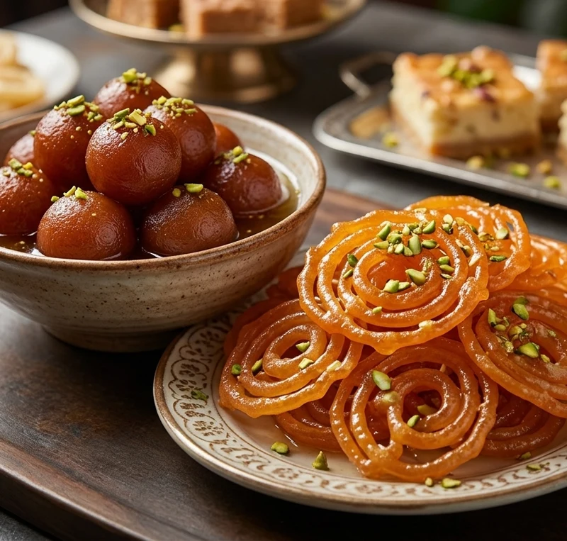 Gulab jamun and jalebi Indian desserts at HITCHKI buffet, Calgary NE